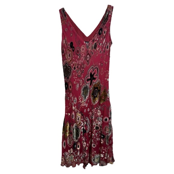 Vtg Y2K Velvet Burnout Floral Dress Size Small Red Burgundy Silk Boho Sleeveless - Picture 1 of 9